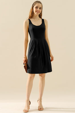 Doublju Full Size Round Neck Ruched Sleeveless Dress with Pockets - TopFashionHQ