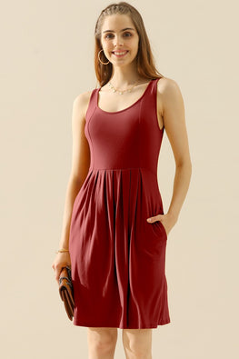 Doublju Full Size Round Neck Ruched Sleeveless Dress with Pockets - TopFashionHQ