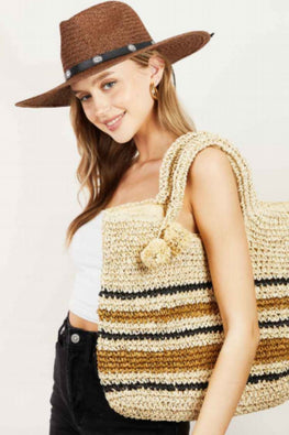 Fame Striped Straw Braided Tote Bag - TopFashionHQ