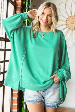 First Love Exposed Seam Round Neck Dropped Shoulder Blouse - TopFashionHQ