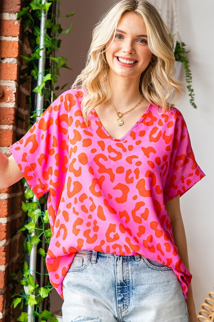 First Love Leopard V-Neck Short Sleeve Woven Top - TopFashionHQ