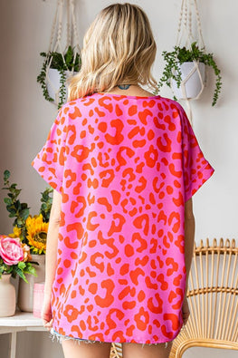 First Love Leopard V-Neck Short Sleeve Woven Top - TopFashionHQ