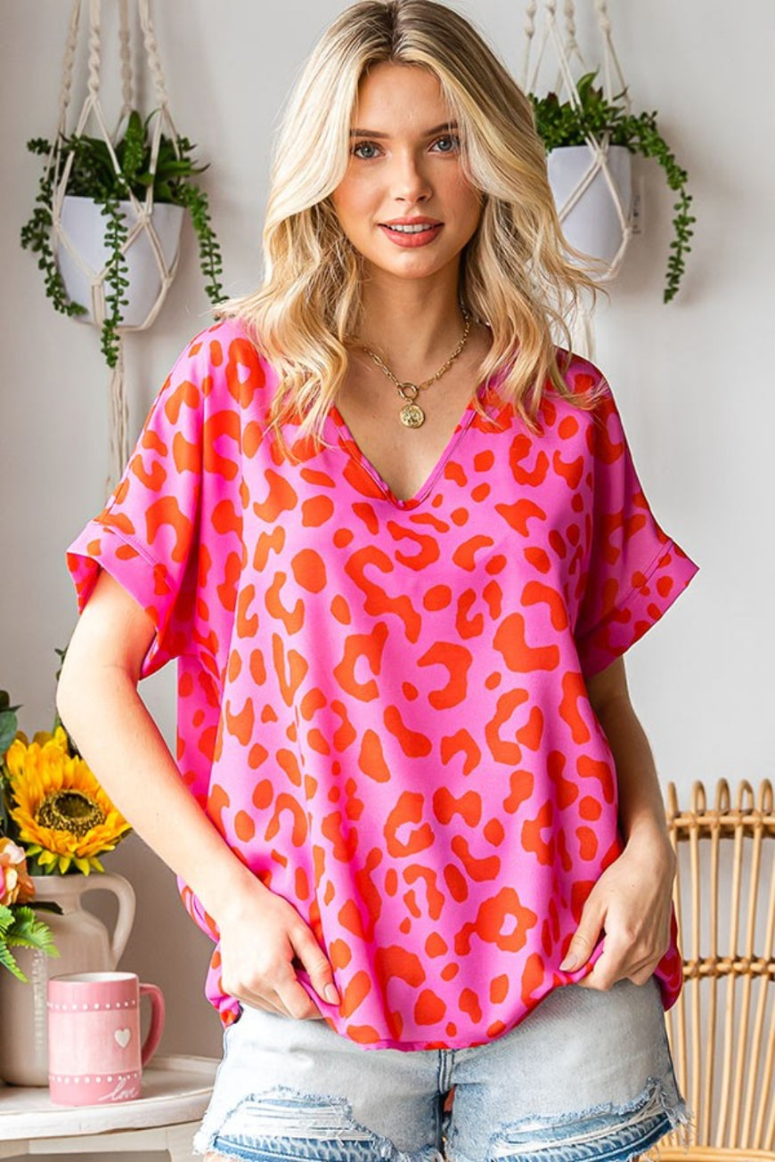 First Love Leopard V-Neck Short Sleeve Woven Top - TopFashionHQ