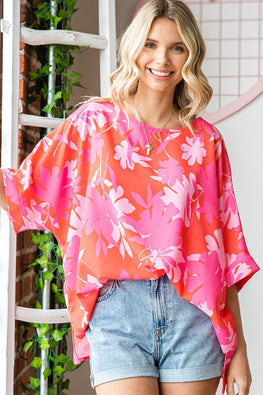 First Love Slit Printed Round Neck Half Sleeve Blouse - TopFashionHQ