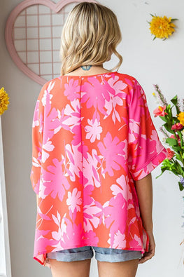 First Love Slit Printed Round Neck Half Sleeve Blouse - TopFashionHQ