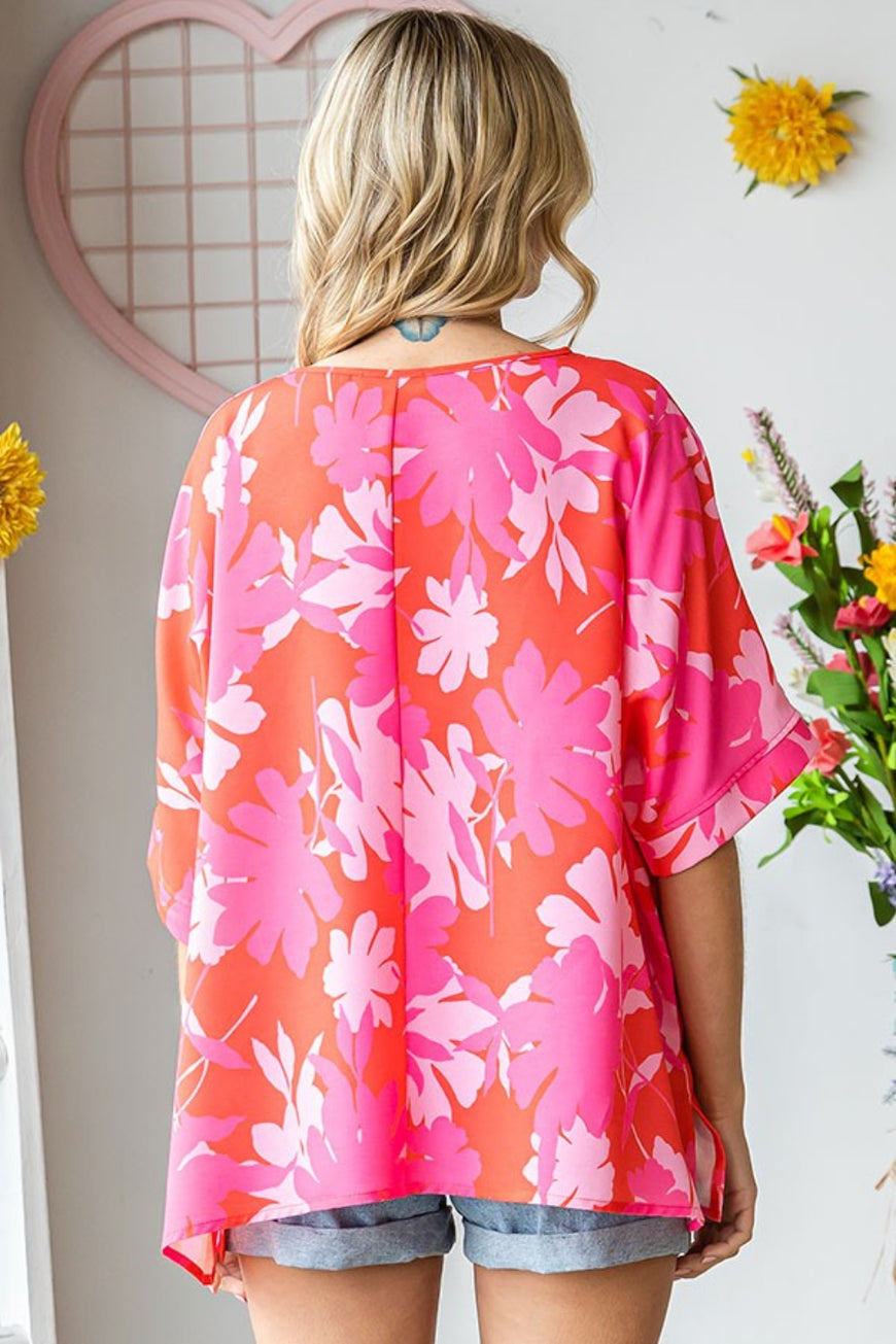 First Love Slit Printed Round Neck Half Sleeve Blouse - TopFashionHQ