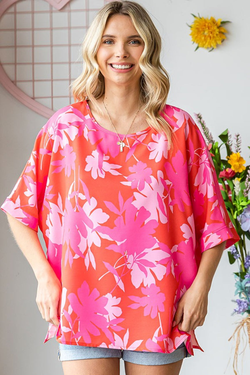 First Love Slit Printed Round Neck Half Sleeve Blouse - TopFashionHQ