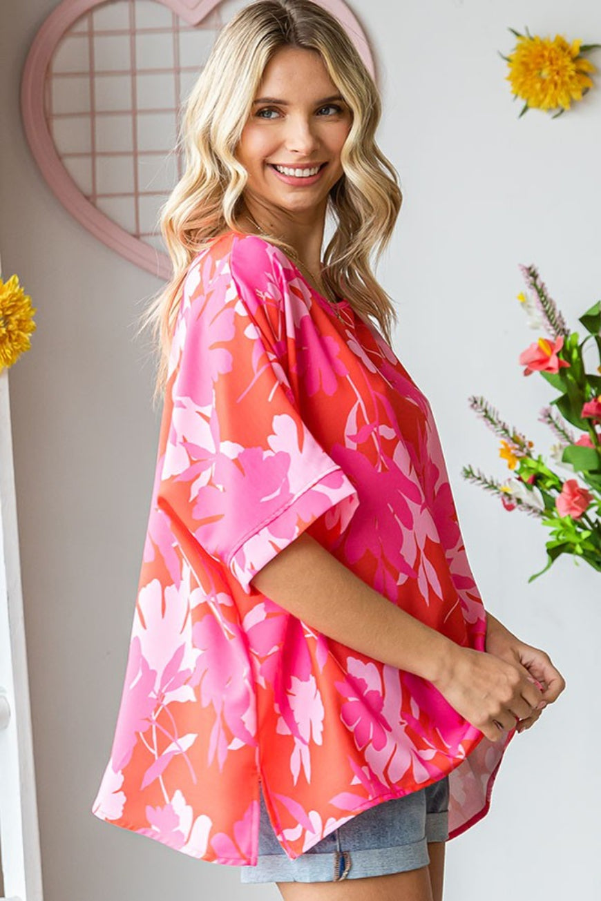 First Love Slit Printed Round Neck Half Sleeve Blouse - TopFashionHQ