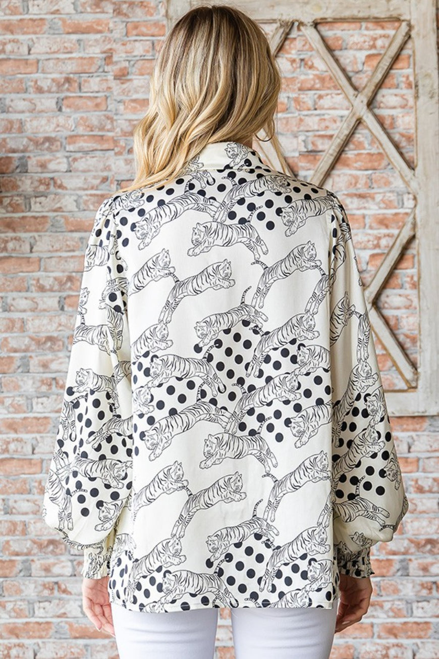 First Love Tiger Print Collared Neck Long Sleeve Satin Shirt - TopFashionHQ