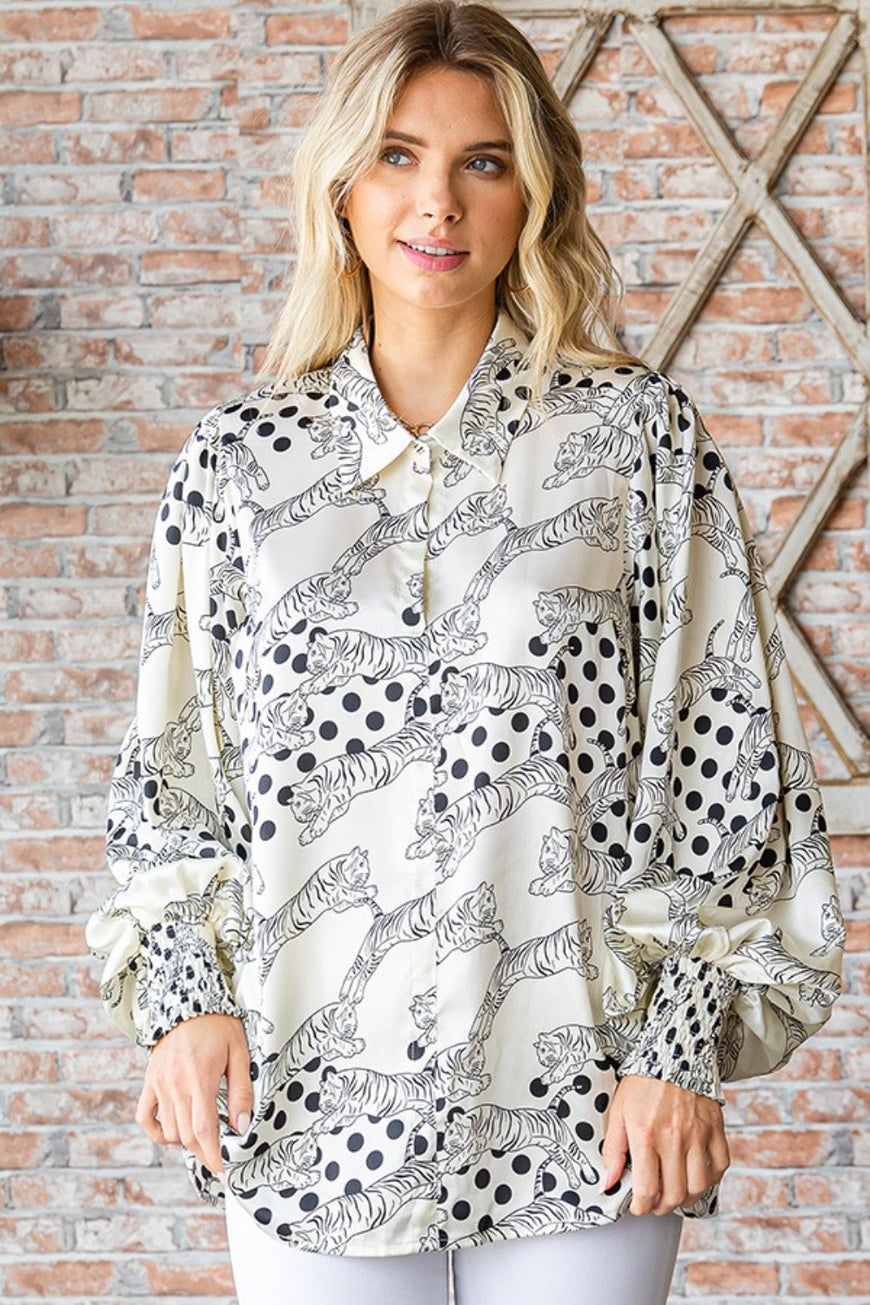First Love Tiger Print Collared Neck Long Sleeve Satin Shirt - TopFashionHQ