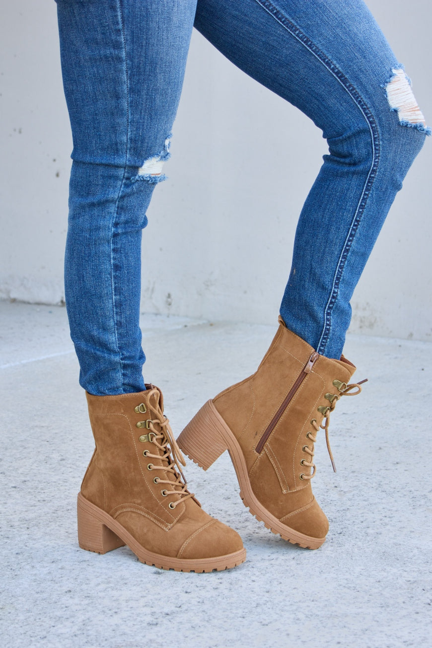 Forever Link Lace-Up Zipper Detail Block Heel Boots - TopFashionHQ