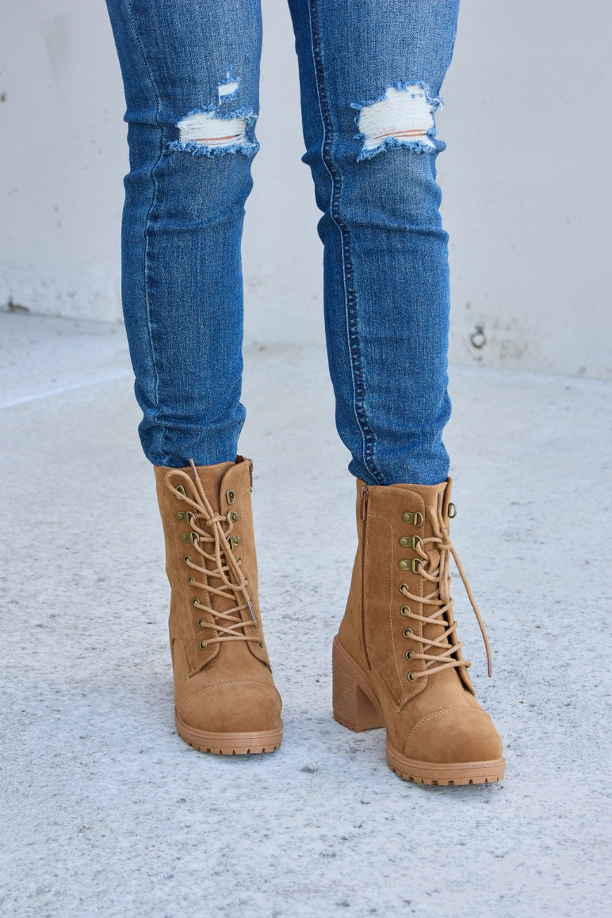 Forever Link Lace-Up Zipper Detail Block Heel Boots - TopFashionHQ