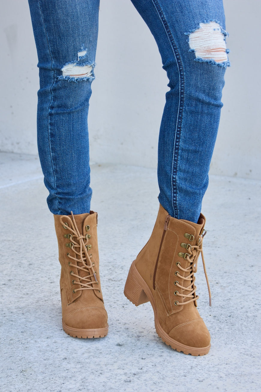 Forever Link Lace-Up Zipper Detail Block Heel Boots - TopFashionHQ