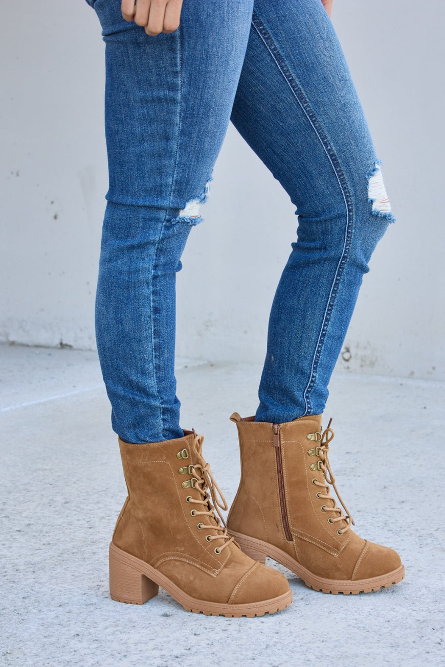 Forever Link Lace-Up Zipper Detail Block Heel Boots - TopFashionHQ