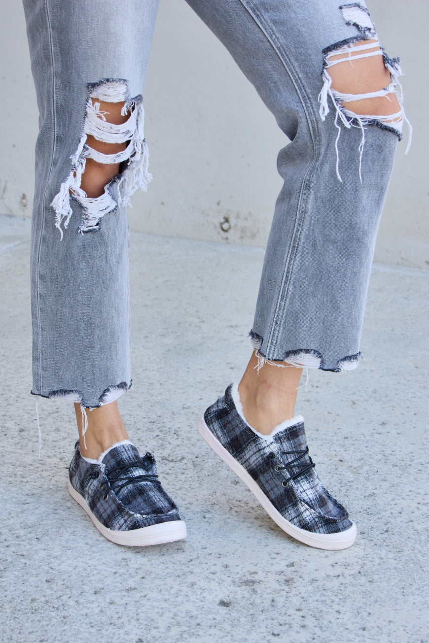 Forever Link Plaid Plush Flat Sneakers - TopFashionHQ