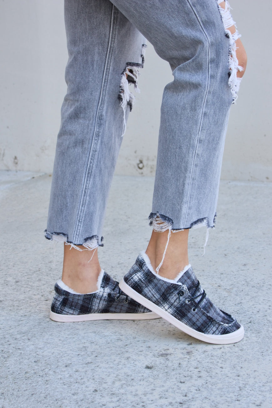 Forever Link Plaid Plush Flat Sneakers - TopFashionHQ