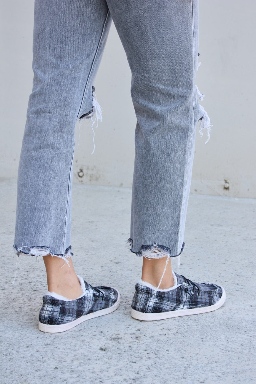 Forever Link Plaid Plush Flat Sneakers - TopFashionHQ