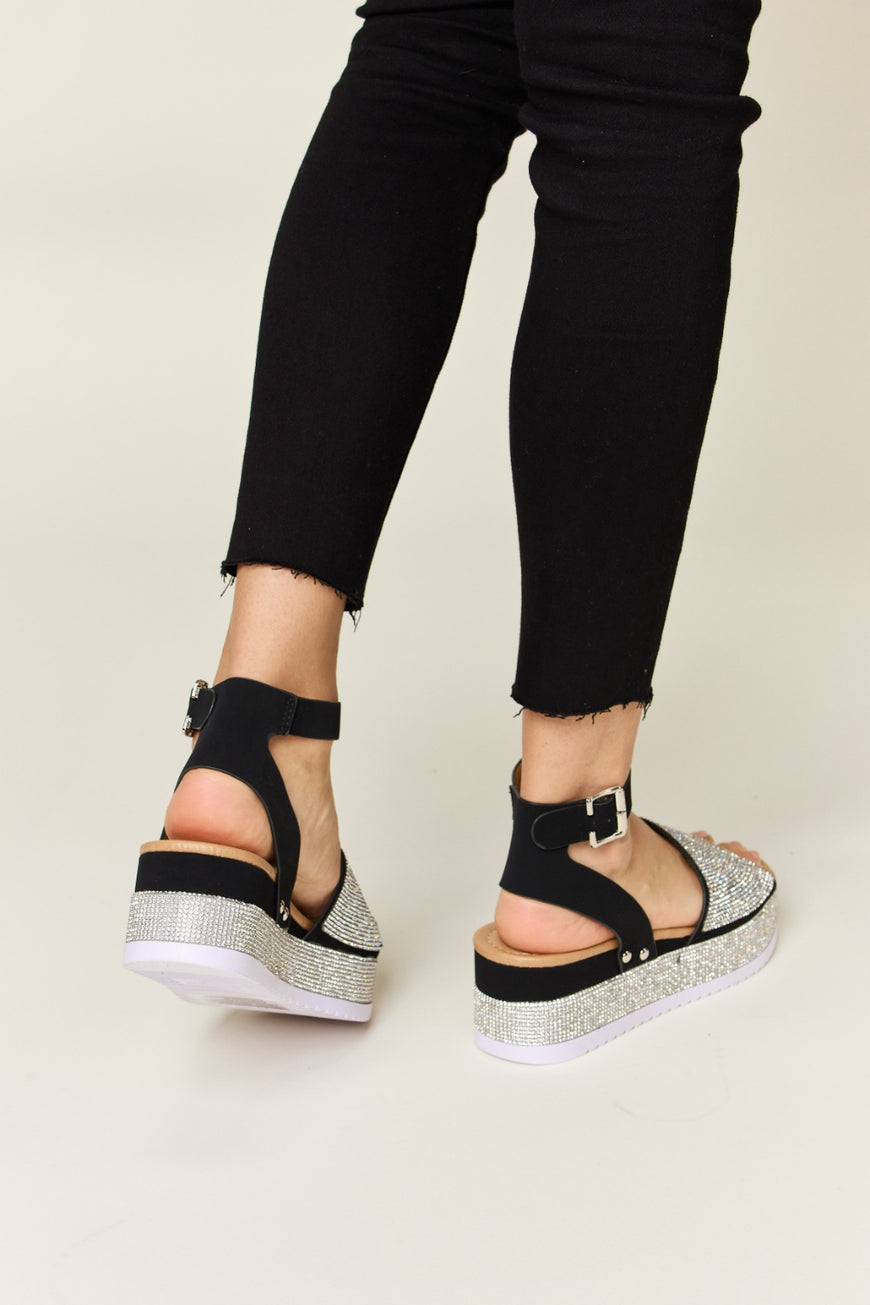 Forever Link Rhinestone Buckle Strappy Wedge Sandals - TopFashionHQ