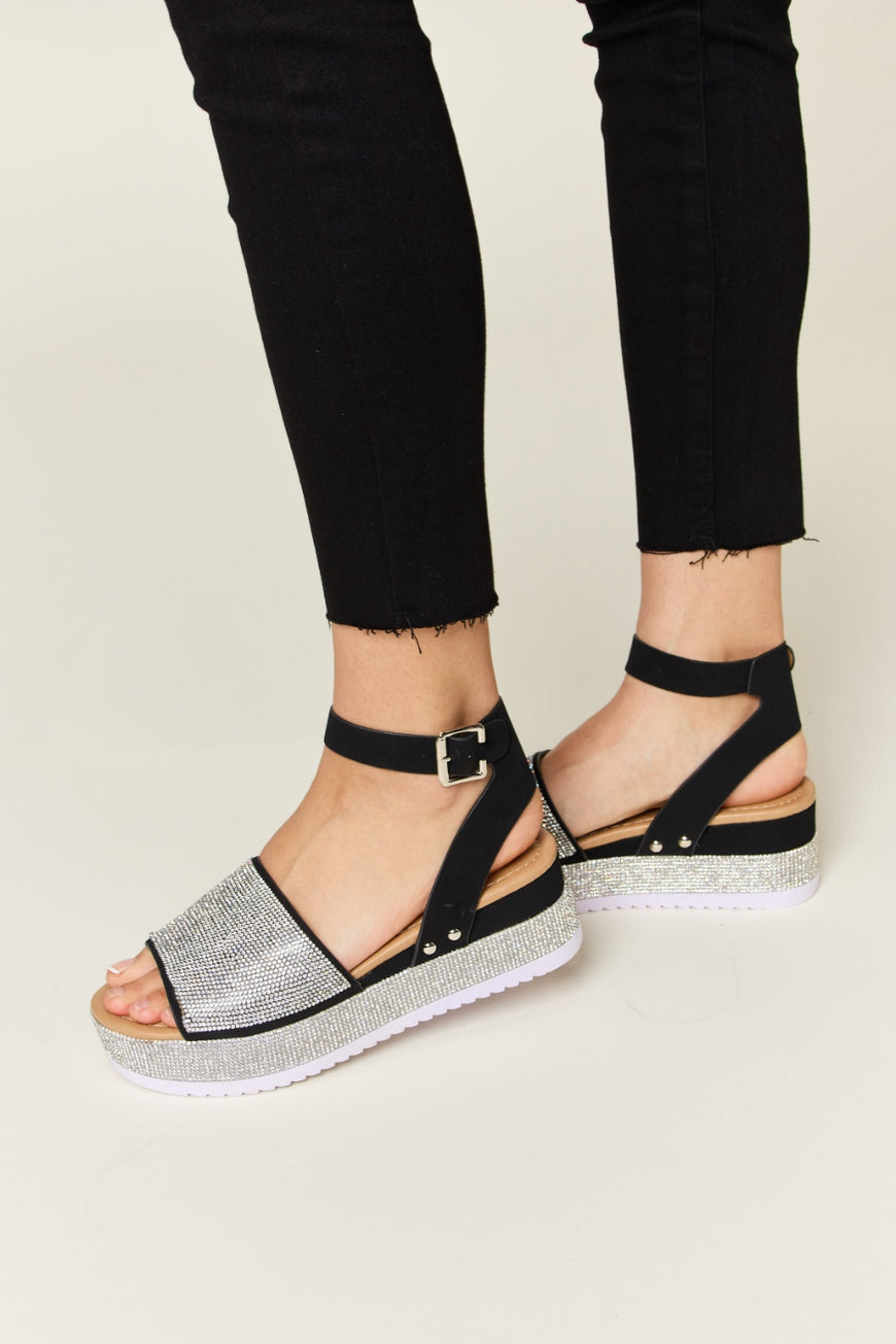 Forever Link Rhinestone Buckle Strappy Wedge Sandals - TopFashionHQ