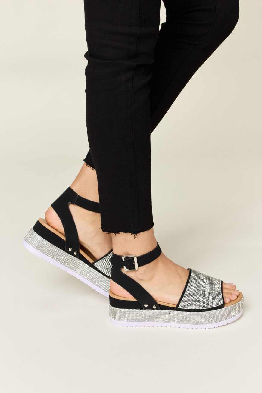 Forever Link Rhinestone Buckle Strappy Wedge Sandals - TopFashionHQ