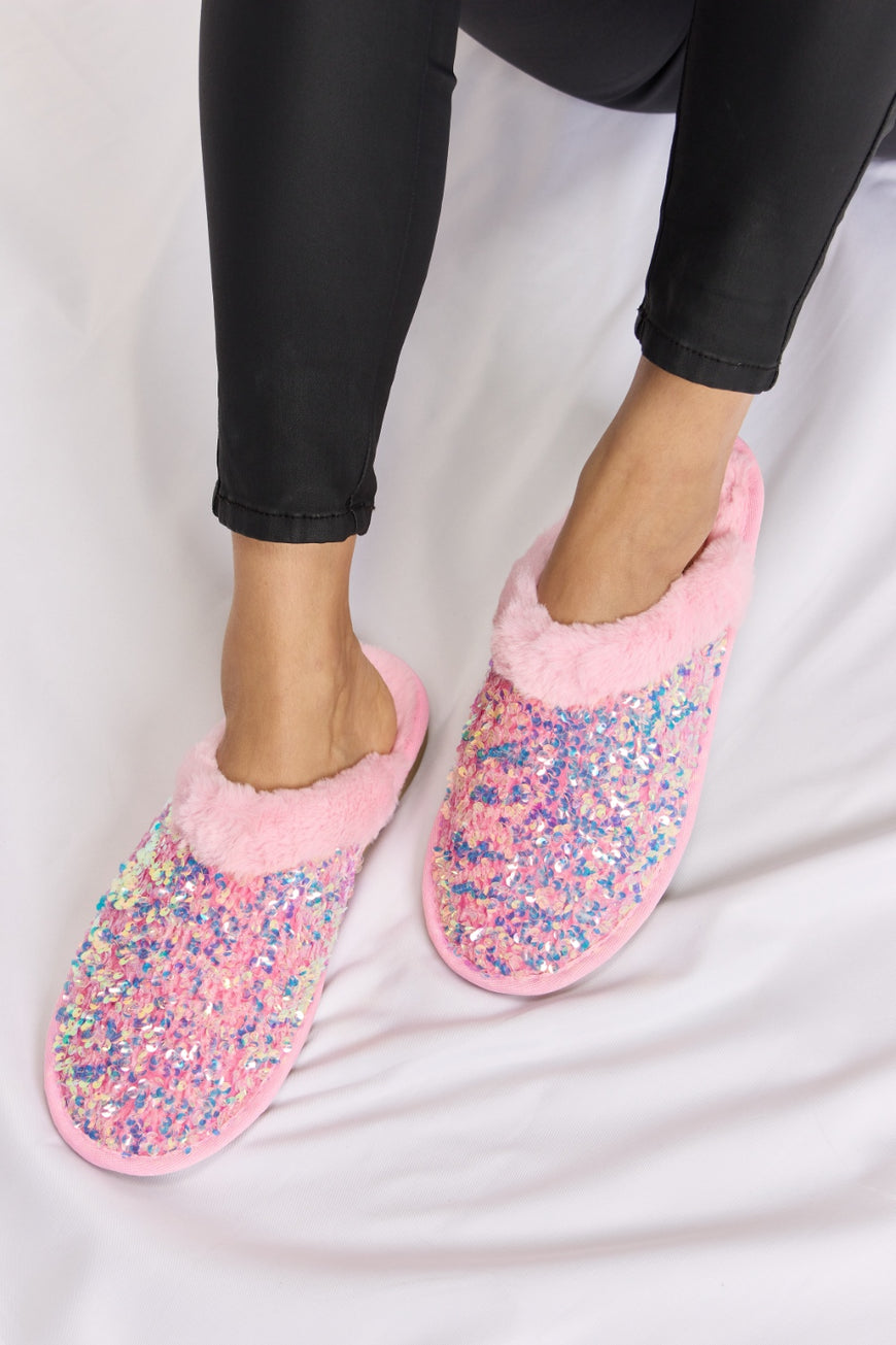 Forever Link Sequin Plush Round Toe Slippers - TopFashionHQ