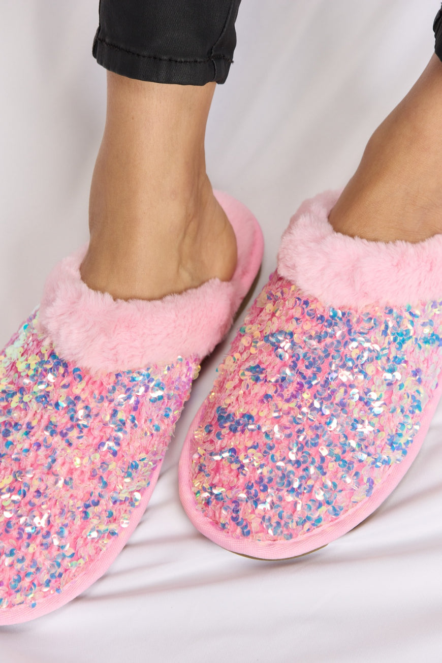 Forever Link Sequin Plush Round Toe Slippers - TopFashionHQ