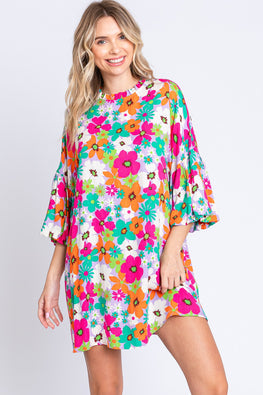 GeeGee Full Size Floral Round Neck Lantern Sleeve Mini Dress - TopFashionHQ