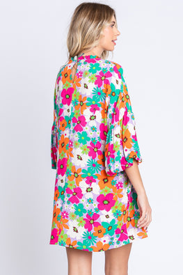 GeeGee Full Size Floral Round Neck Lantern Sleeve Mini Dress - TopFashionHQ