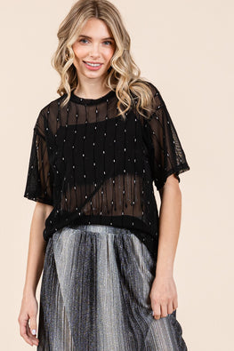 GeeGee Round Neck Drop Shoulder Mesh Glitter Top - TopFashionHQ
