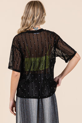 GeeGee Round Neck Drop Shoulder Mesh Glitter Top - TopFashionHQ