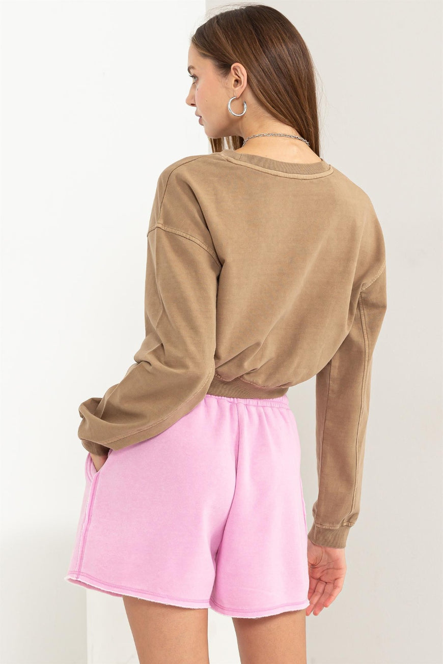 HYFVE Round Neck Long Sleeve Cropped Sweatshirt - TopFashionHQ