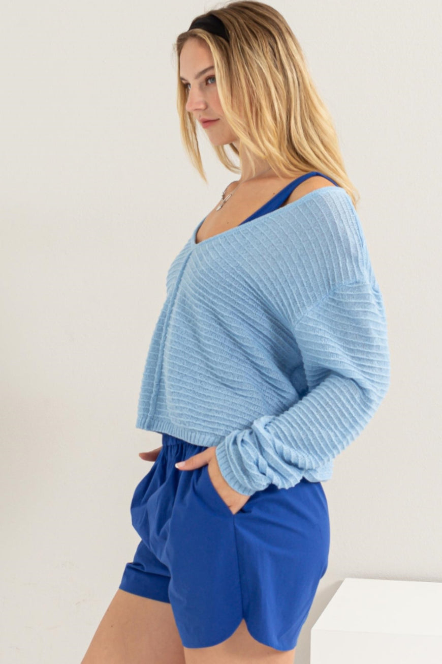 HYFVE V-Neck Stripe Texture Long Sleeve Top - TopFashionHQ