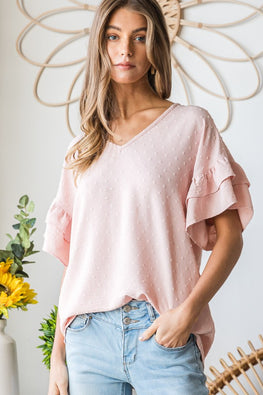 Heimish Full Size Swiss Dot Ruffle Short Sleeve Top - TopFashionHQ