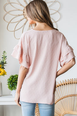 Heimish Full Size Swiss Dot Ruffle Short Sleeve Top - TopFashionHQ