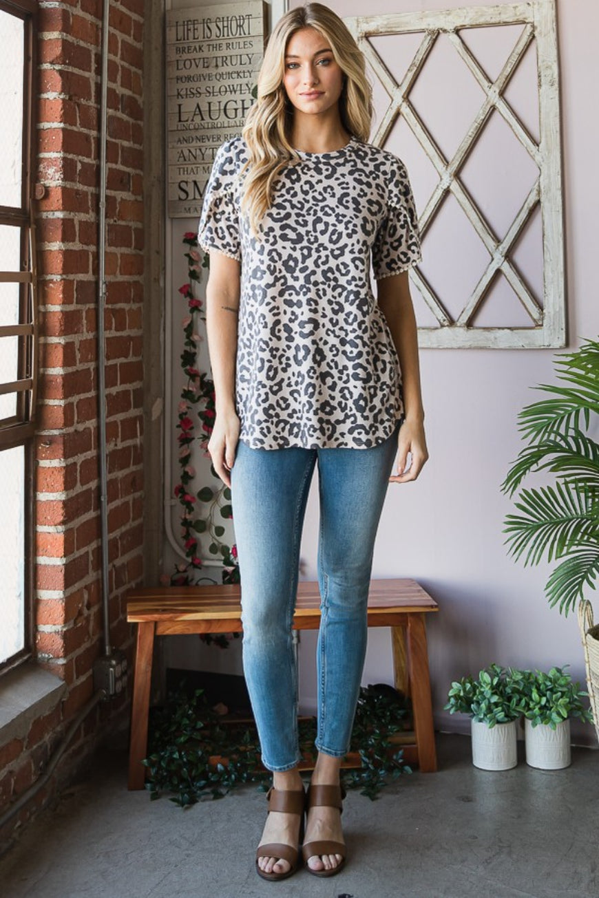 Heimish Leopard Round Neck Petal Sleeve T-Shirt - TopFashionHQ