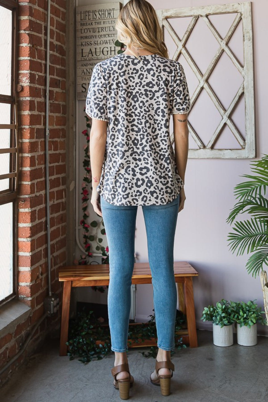 Heimish Leopard Round Neck Petal Sleeve T-Shirt - TopFashionHQ