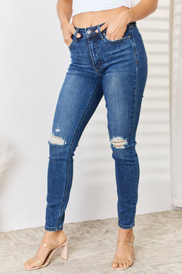 Judy Blue Full Size Mid Waist Distressed Slim Jeans - TopFashionHQ