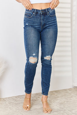 Judy Blue Full Size Mid Waist Distressed Slim Jeans - TopFashionHQ