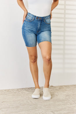 Judy Blue Full Size Tummy Control Double Button Bermuda Denim Shorts - TopFashionHQ