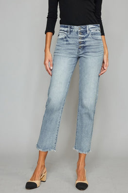 Kancan High Waist Button Fly Raw Hem Cropped Straight Jeans - TopFashionHQ