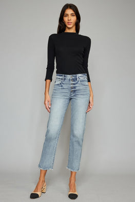 Kancan High Waist Button Fly Raw Hem Cropped Straight Jeans - TopFashionHQ