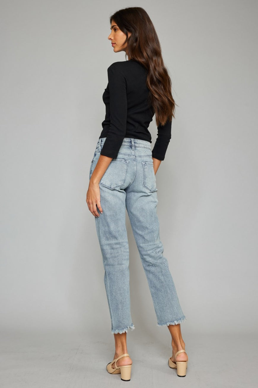 Kancan High Waist Button Fly Raw Hem Cropped Straight Jeans - TopFashionHQ