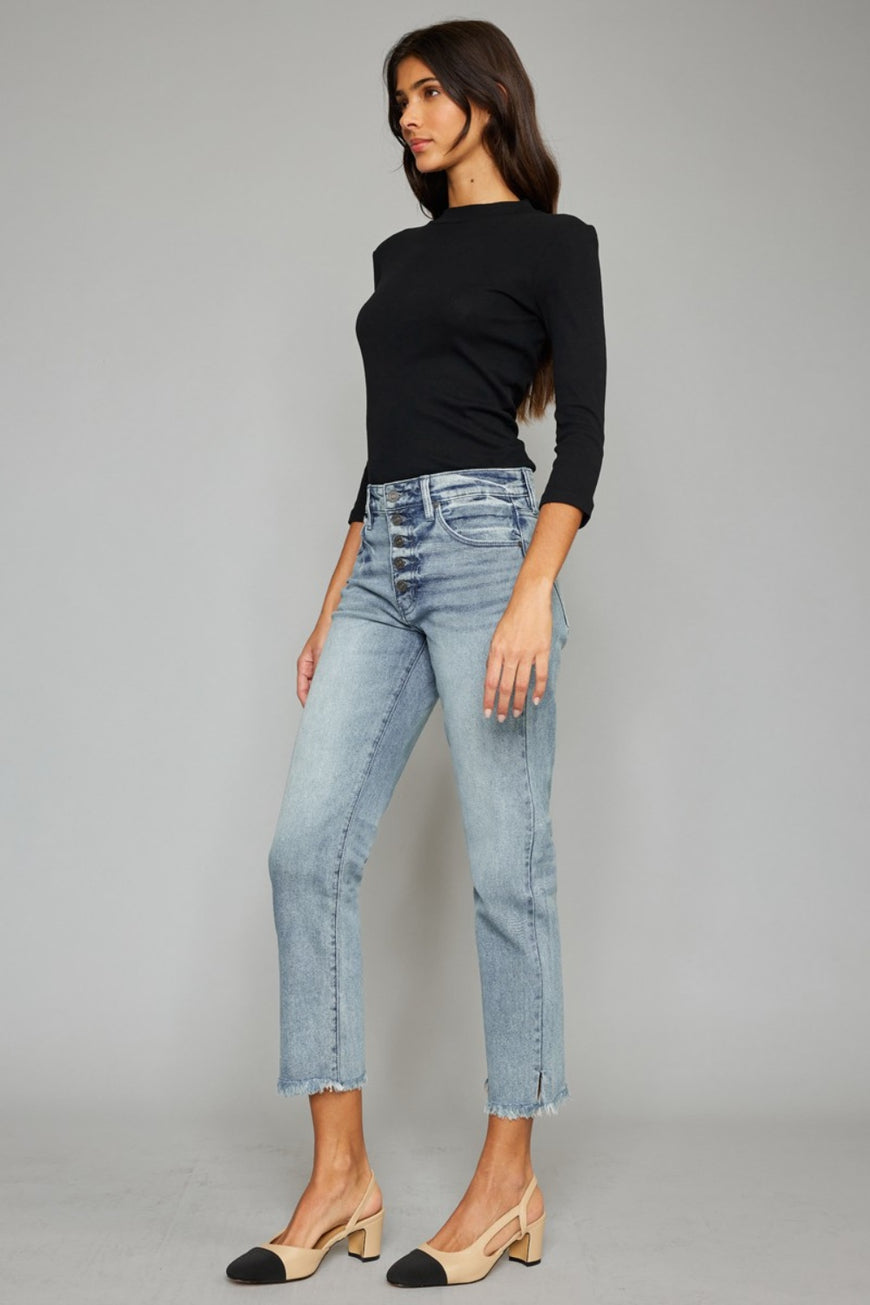 Kancan High Waist Button Fly Raw Hem Cropped Straight Jeans - TopFashionHQ