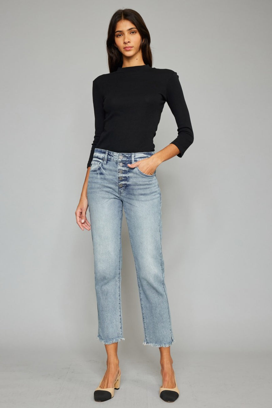 Kancan High Waist Button Fly Raw Hem Cropped Straight Jeans - TopFashionHQ