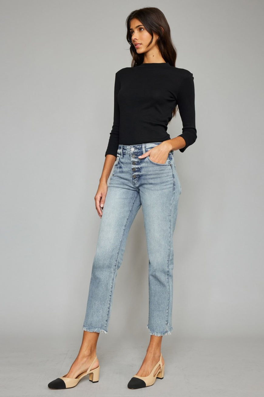 Kancan High Waist Button Fly Raw Hem Cropped Straight Jeans - TopFashionHQ