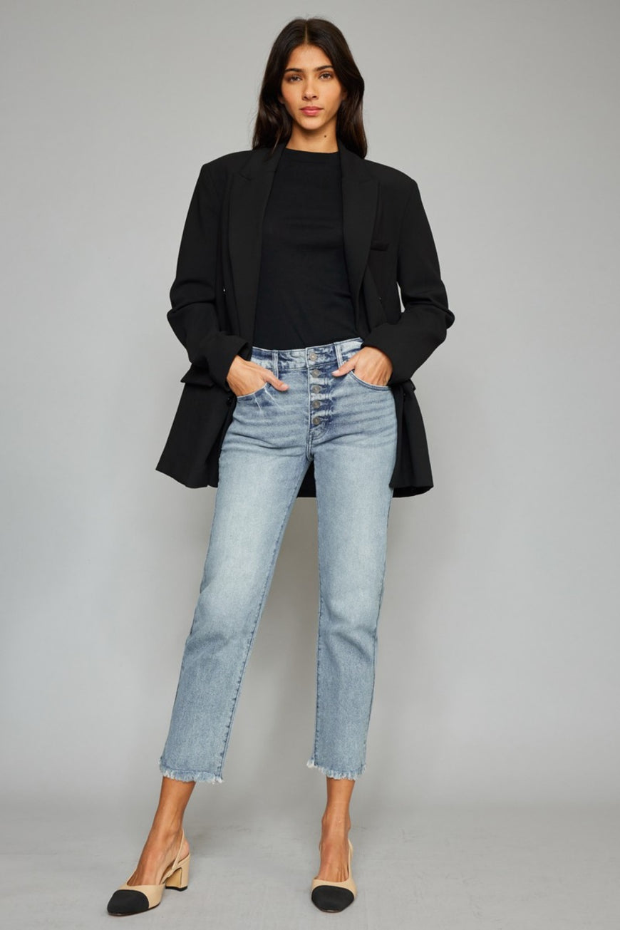 Kancan High Waist Button Fly Raw Hem Cropped Straight Jeans - TopFashionHQ