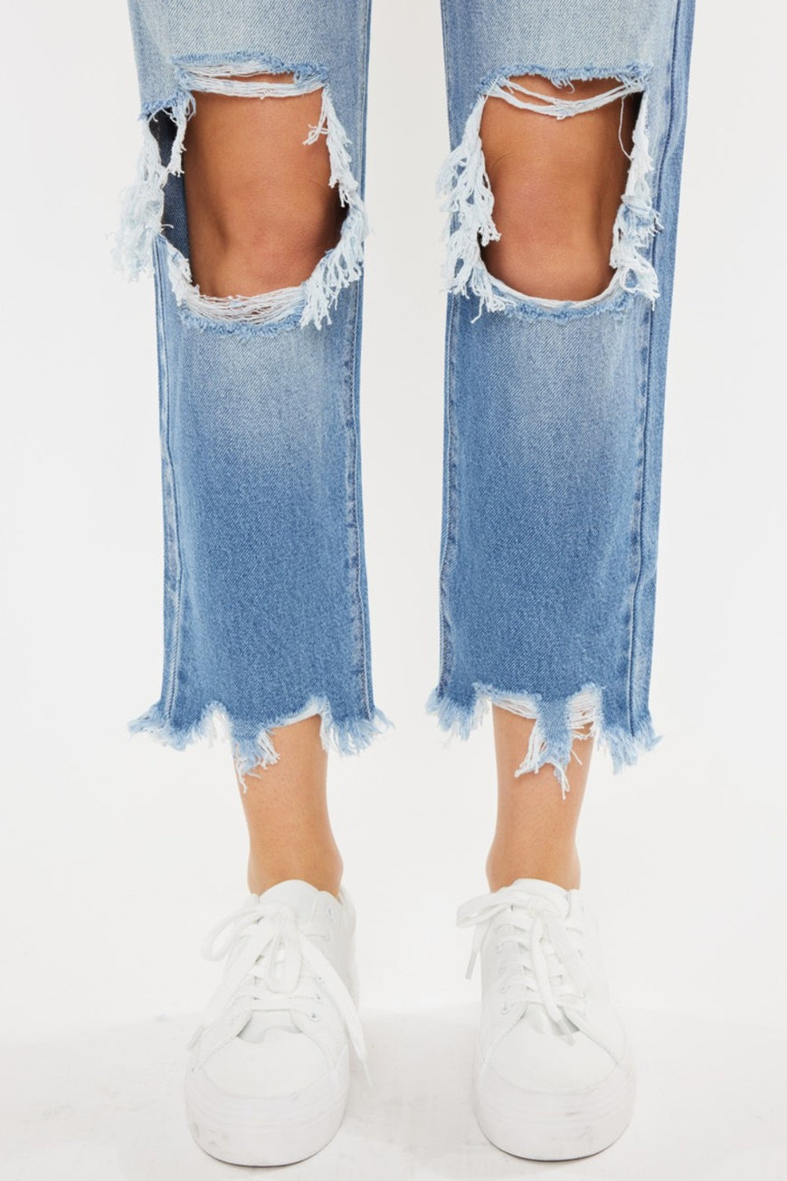 Kancan High Waist Chewed Up Straight Mom Jeans - TopFashionHQ