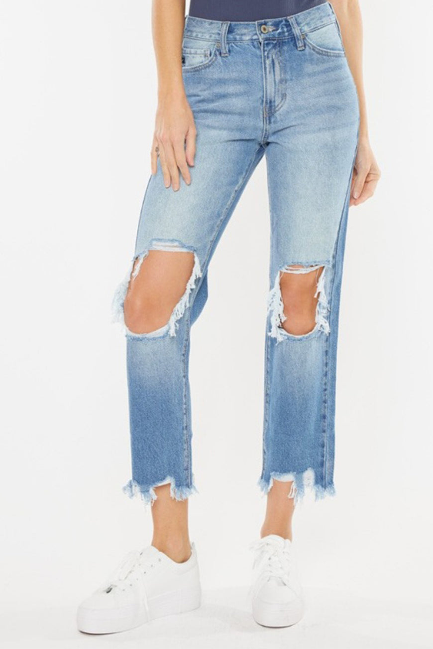 Kancan High Waist Chewed Up Straight Mom Jeans - TopFashionHQ