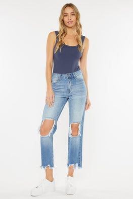 Kancan High Waist Chewed Up Straight Mom Jeans - TopFashionHQ