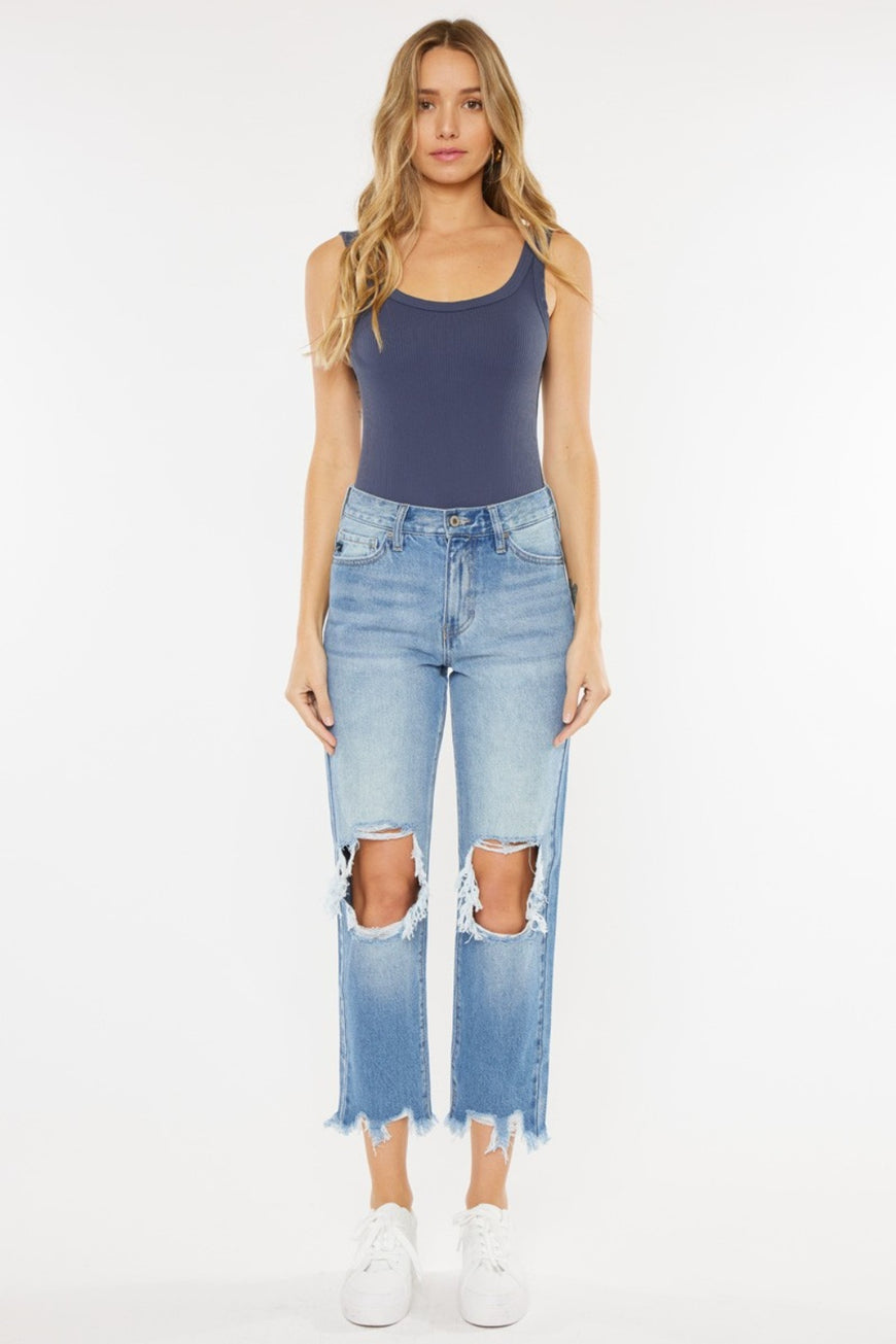 Kancan High Waist Chewed Up Straight Mom Jeans - TopFashionHQ